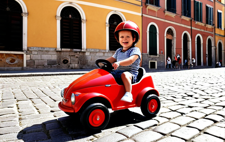 **A toddler happily riding a red "macchinine a spinta" (push car) in a sunny Italian piazza, cobblestone streets in the background. The child is wearing a helmet and a big smile.**