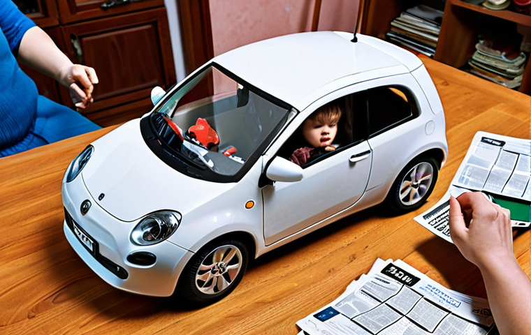 **
A slightly frustrated parent meticulously examines the small electric car of their child. The child is observing with curiosity. Discarded instruction manuals, a receipt, and the original packaging of the toy are scattered on the table. The scene should evoke the common struggle of understanding warranty policies. Emphasize the importance of keeping the original receipt and packaging. Set the scene in a bright Italian home.
**