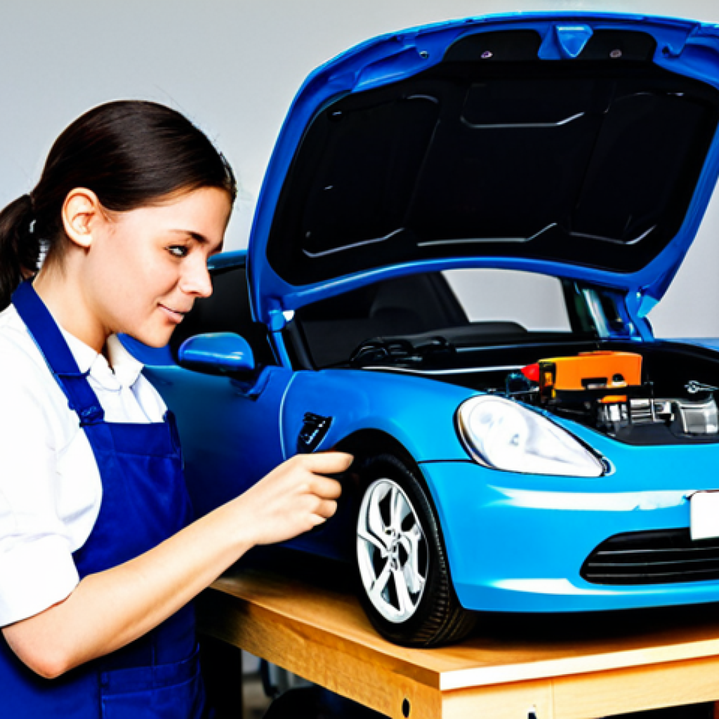 A skilled person, fully clothed in practical, modest work attire and professional dress, with well-formed hands and proper finger count, carefully repairing a child's electric ride-on car. The scene is set in a clean, organized home workshop or garage, featuring a workbench with various tools neatly arranged in the background. The person is focused on connecting wires or tightening a screw on the toy car's motor or battery compartment, depicted with perfect anatomy, correct proportions, and a natural pose. The image should convey professional photography and high quality, ensuring safe for work and appropriate content.