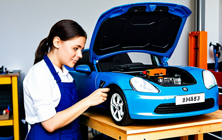 A skilled person, fully clothed in practical, modest work attire and professional dress, with well-formed hands and proper finger count, carefully repairing a child's electric ride-on car. The scene is set in a clean, organized home workshop or garage, featuring a workbench with various tools neatly arranged in the background. The person is focused on connecting wires or tightening a screw on the toy car's motor or battery compartment, depicted with perfect anatomy, correct proportions, and a natural pose. The image should convey professional photography and high quality, ensuring safe for work and appropriate content.