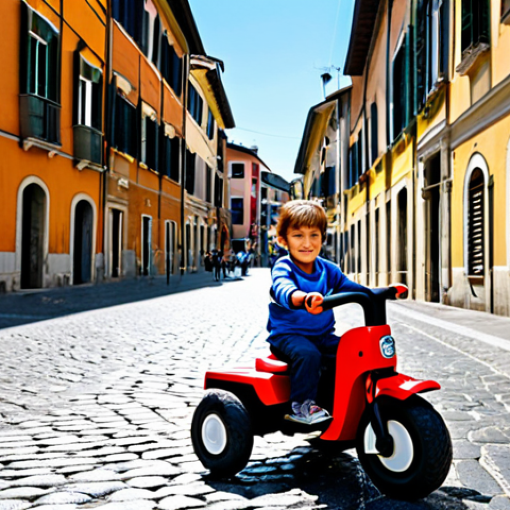 Triciclo Multifunzionale in Citt&agrave; (Multifunctional Tricycle in the City)**

A young child, fully clothed in appropriate, colorful children's clothing, riding a multifunctional tricycle (set up with a parent handle) on a sunny cobblestone street in an Italian city. Buildings with classic architecture in the background. Safe for work, appropriate content, professional, family-friendly. Perfect anatomy, correct proportions, natural pose, well-formed hands, proper finger count, natural body proportions. High quality, professional photography.

**
