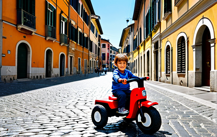 Triciclo Multifunzionale in Citt&agrave; (Multifunctional Tricycle in the City)**

A young child, fully clothed in appropriate, colorful children's clothing, riding a multifunctional tricycle (set up with a parent handle) on a sunny cobblestone street in an Italian city. Buildings with classic architecture in the background. Safe for work, appropriate content, professional, family-friendly. Perfect anatomy, correct proportions, natural pose, well-formed hands, proper finger count, natural body proportions. High quality, professional photography.

**