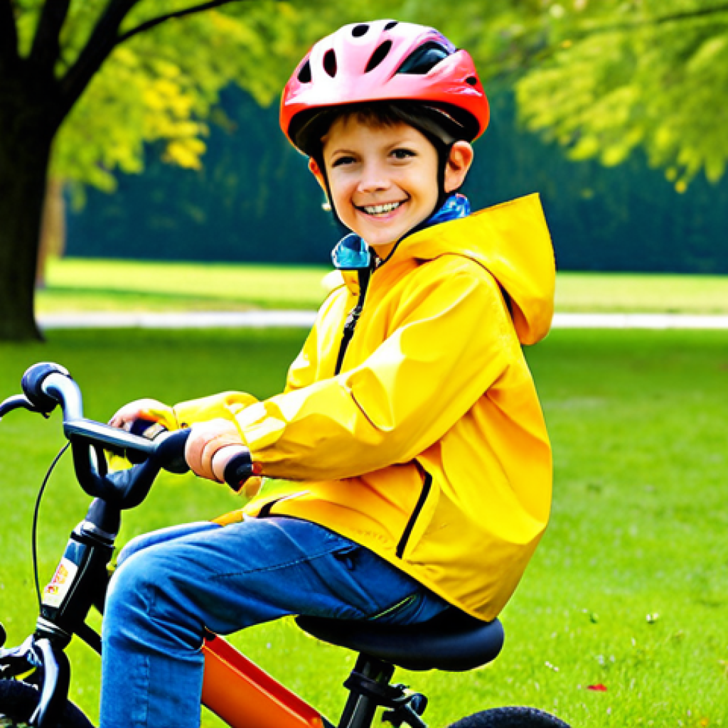 Safety First!**

"A young child (5-7 years old) fully clothed in a bright yellow raincoat and blue jeans, wearing a properly fitted, colorful bicycle helmet. He is smiling and seated in a red toy car, with the seatbelt fastened. The setting is a sunny park with green grass and trees in the background. Safe for work, appropriate content, family-friendly, professional illustration, perfect anatomy, correct proportions, well-formed hands, proper finger count, natural body proportions."

**