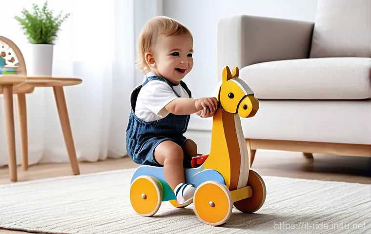 승용완구 내구성 평가 - **Prompt 1: A Classic Wooden Ride-On Adventure**
"A happy, smiling toddler, approximately 2-3 ye...