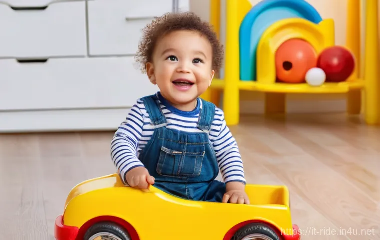 승용완구 유튜브 리뷰 - **Prompt 1: Happy Toddler on a Classic Push Car**
    A cheerful toddler, approximately 18 months ol...
