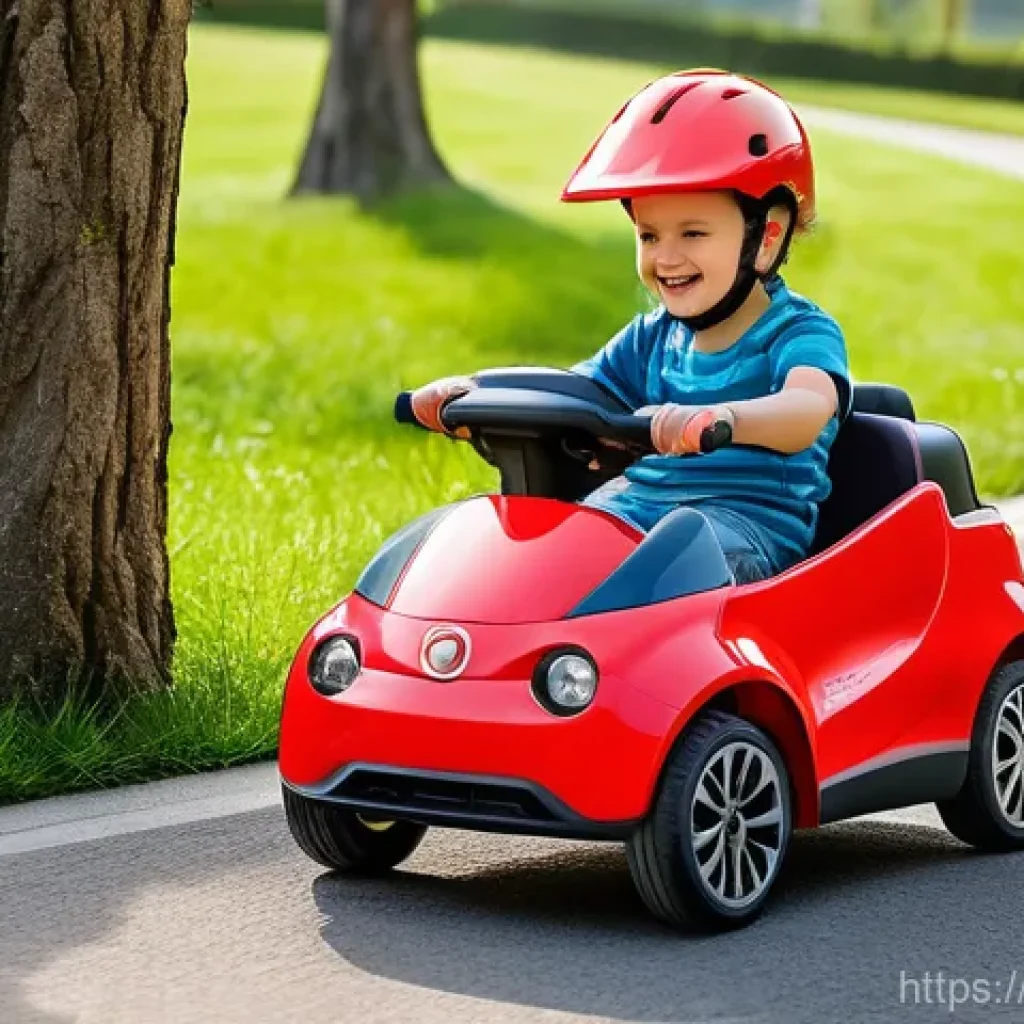 승용완구 안전 사용법 - **Prompt:** A joyful Italian child, approximately 7 years old, actively riding a vibrant red childre...