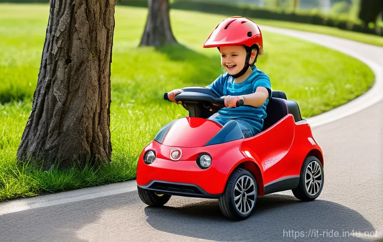승용완구 안전 사용법 - **Prompt:** A joyful Italian child, approximately 7 years old, actively riding a vibrant red childre...