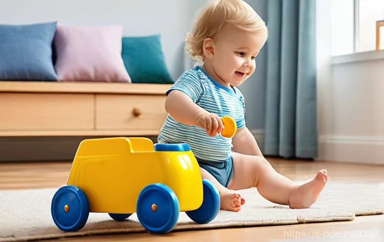 승용완구 별점 높은 제품 - **Prompt 1: Toddler's First Ride-On Adventure Indoors**
    "A cheerful toddler, approximately 18 mo...