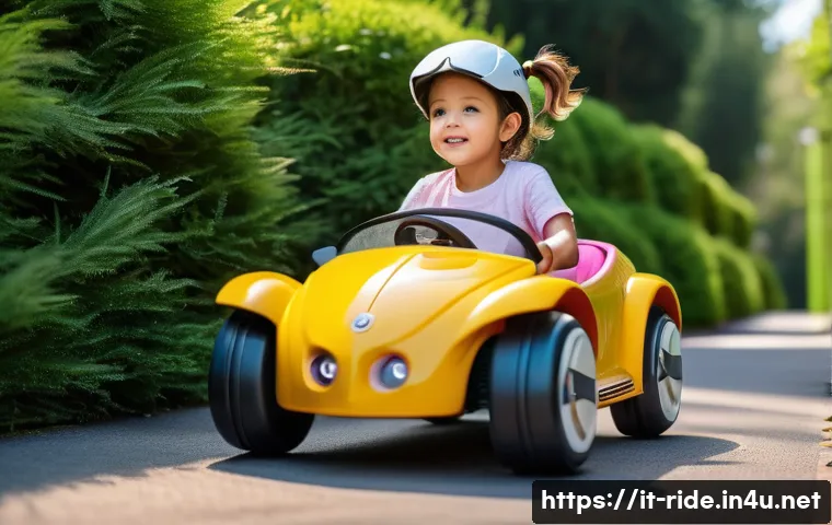 승용완구 어린이날 특가 - **Prompt:** A joyful 4-year-old girl, with bright brown hair in pigtails, is confidently driving a r...
