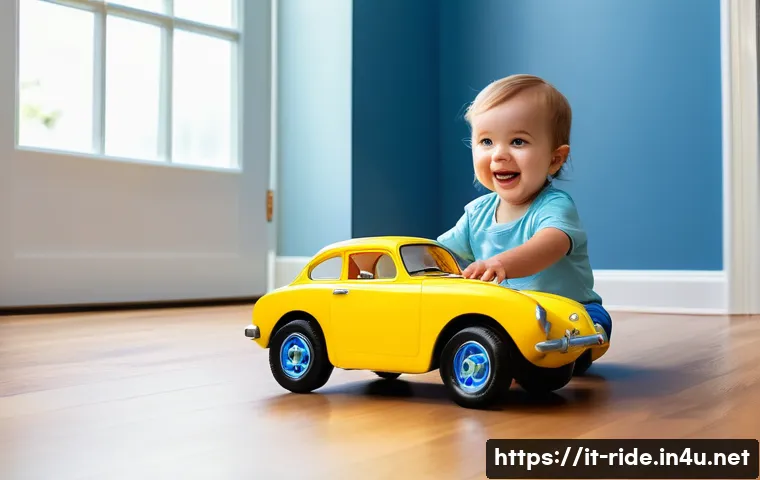 승용완구 인기 캐릭터 디자인 - A vibrant children’s playroom scene featuring a toddler wearing a colorful diaper, joyfully playing ...