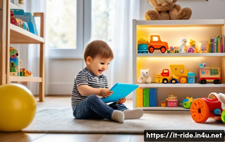 승용완구 기프트 카드 활용 - A cozy Italian family living room scene featuring a young child wearing a colorful diaper, excitedly...