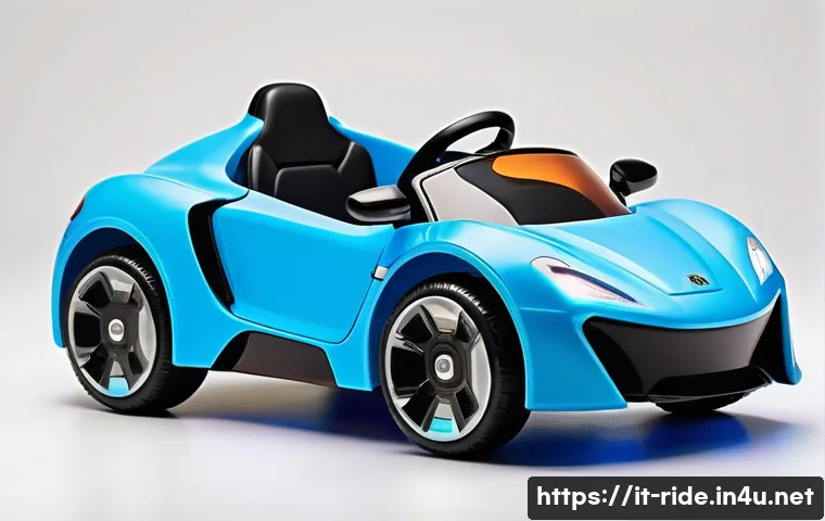 승용완구 이색 디자인 - A vibrant, futuristic toy car designed for children, featuring bright metallic colors and semi-trans...