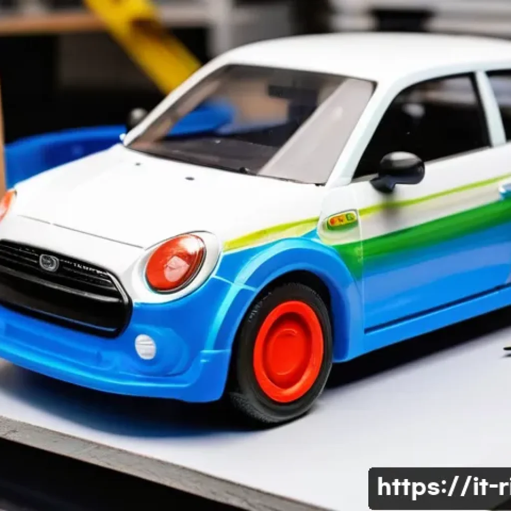 승용완구 커스텀 팁 - A highly detailed close-up of a customized plastic toy car model on a workbench, featuring multiple ...