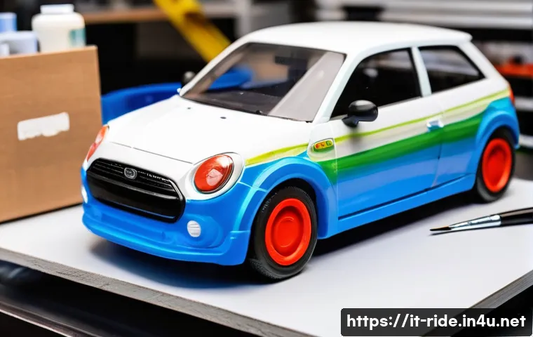 승용완구 커스텀 팁 - A highly detailed close-up of a customized plastic toy car model on a workbench, featuring multiple ...