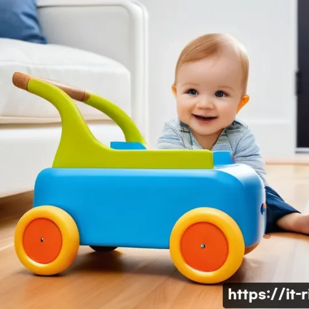 승용완구 네이버 스마트스토어 - A charming scene featuring a toddler pushing a brightly colored, ergonomically designed push toy veh...