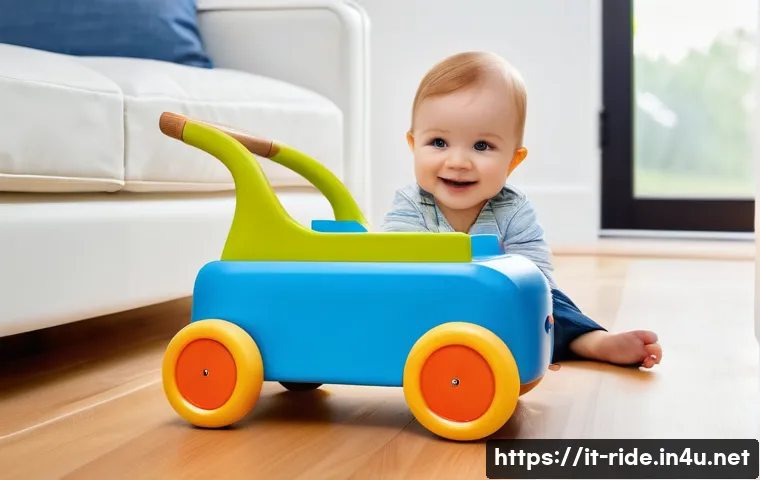 승용완구 네이버 스마트스토어 - A charming scene featuring a toddler pushing a brightly colored, ergonomically designed push toy veh...