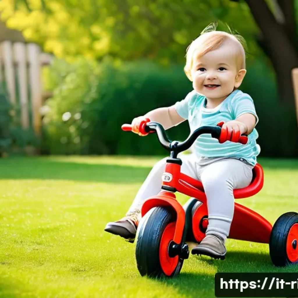 승용완구 연령대별 추천 - A toddler wearing a colorful diaper sitting securely on a bright red ergonomic tricycle designed for...