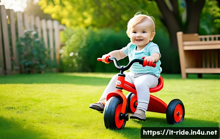 승용완구 연령대별 추천 - A toddler wearing a colorful diaper sitting securely on a bright red ergonomic tricycle designed for...