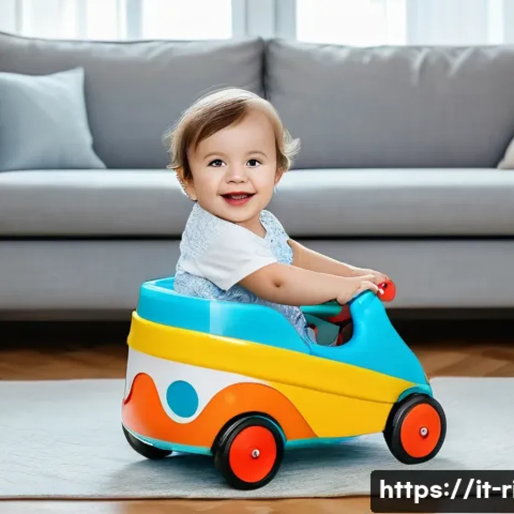 승용완구 크기 선택 가이드 - A cheerful toddler aged around 2 years wearing a colorful diaper, riding a small, bright plastic toy...