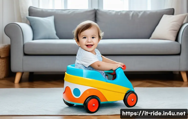 승용완구 크기 선택 가이드 - A cheerful toddler aged around 2 years wearing a colorful diaper, riding a small, bright plastic toy...