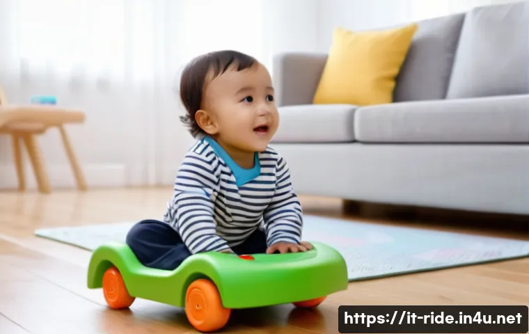 승용완구 쇼핑몰 리뷰 - A cozy indoor scene showing a toddler aged 1 to 3 years playing with a sturdy push car toy made of b...