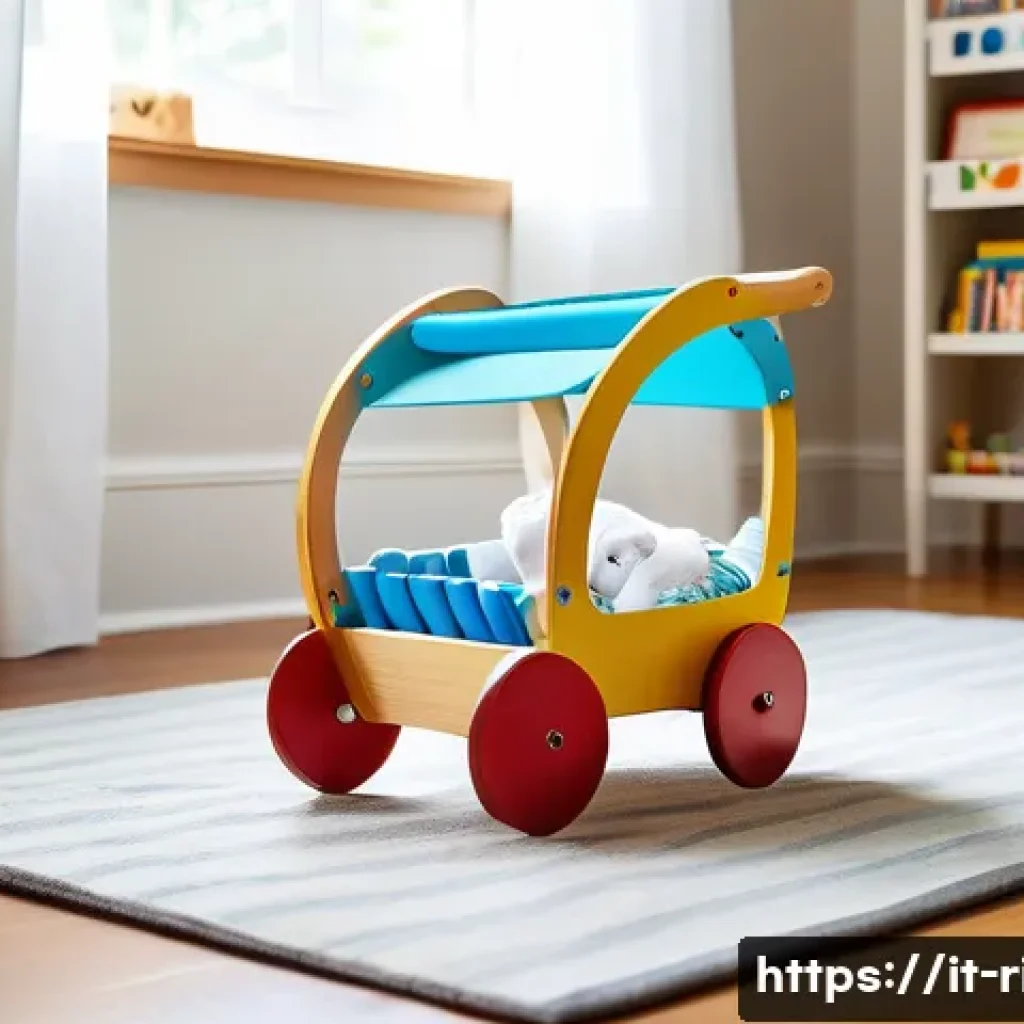 승용완구 추천 구매 방법 - A cozy playroom scene featuring a classic wooden toy stroller designed for children aged 3-6 years, ...