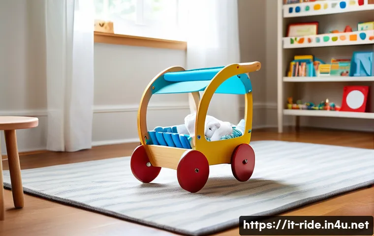 승용완구 추천 구매 방법 - A cozy playroom scene featuring a classic wooden toy stroller designed for children aged 3-6 years, ...