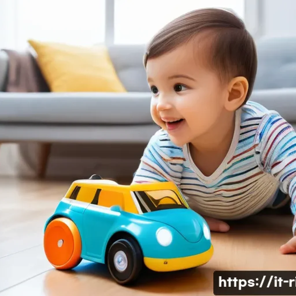 승용완구 스마트 디바이스 - A joyful Italian child, wearing casual clothes and clean diapers, playing with a colorful smart toy ...