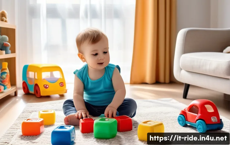 승용완구 세척 방법 - A cozy, sunlit Italian nursery room with a toddler wearing a colorful diaper playing with plastic to...