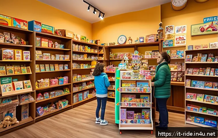 승용완구 배송비 절약 팁 - A cozy Italian local toy store interior scene, shelves filled with colorful, high-quality children&rsquo;s...