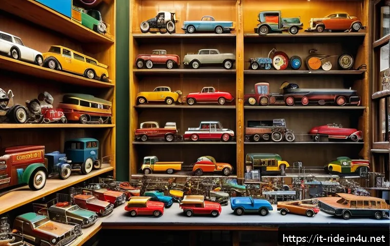 승용완구 부품 구매처 - A cozy vintage toy store interior in Milan, Italy, filled with shelves of original motorized toy par...