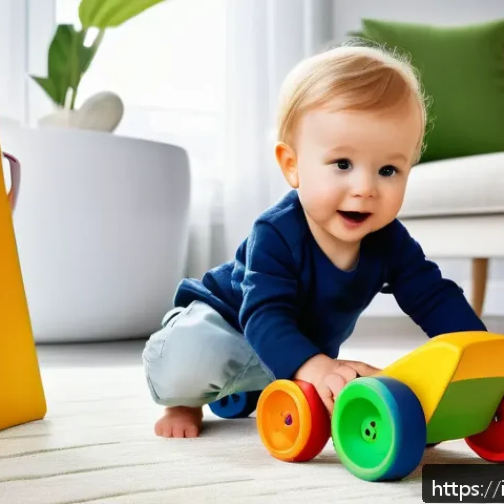 승용완구 쿠페 디자인 - A bright and colorful children&rsquo;s playroom scene featuring a toddler wearing a diaper playing with er...
