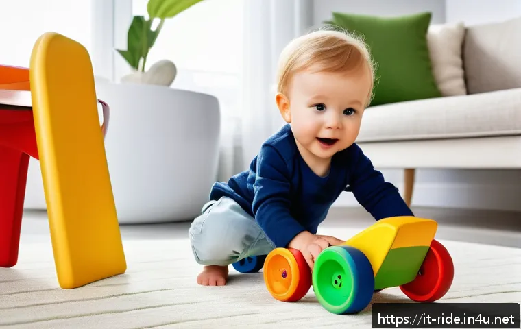 승용완구 쿠페 디자인 - A bright and colorful children&rsquo;s playroom scene featuring a toddler wearing a diaper playing with er...
