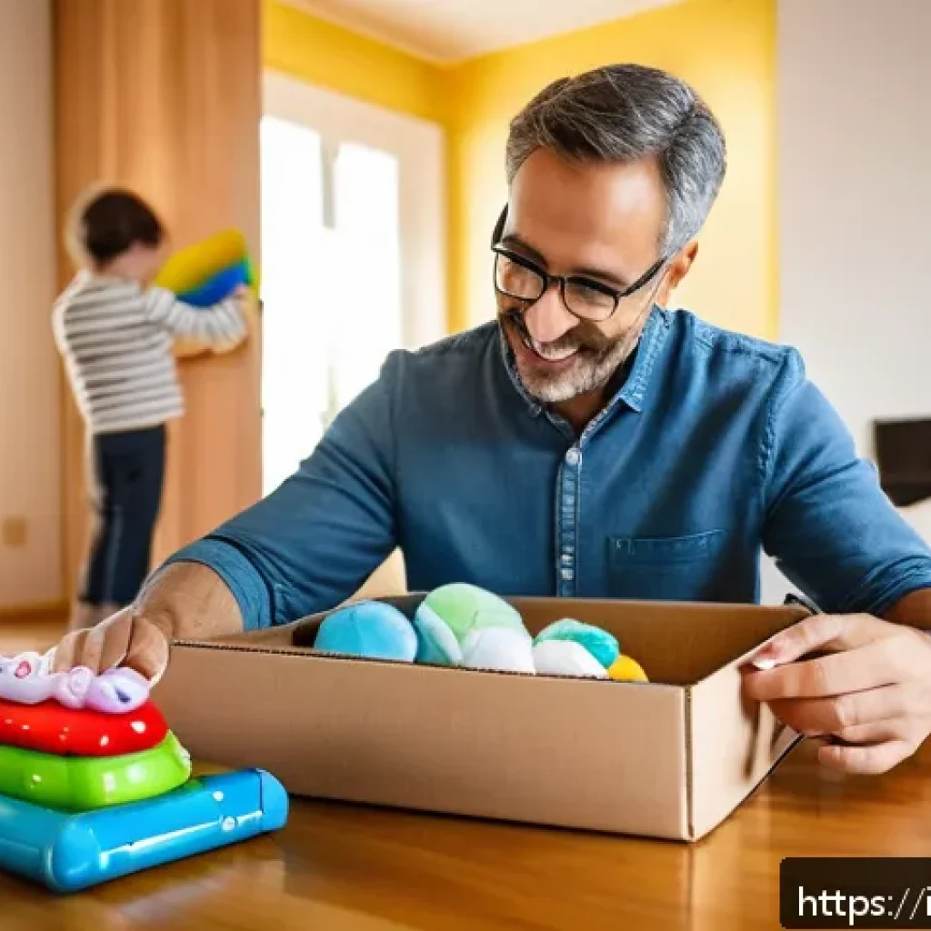 승용완구 해외직구 방법 - A detailed scene of a cozy family room with a parent carefully inspecting a box of children’s toys p...