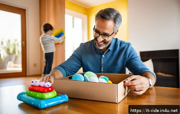 승용완구 해외직구 방법 - A detailed scene of a cozy family room with a parent carefully inspecting a box of children&rsquo;s toys p...