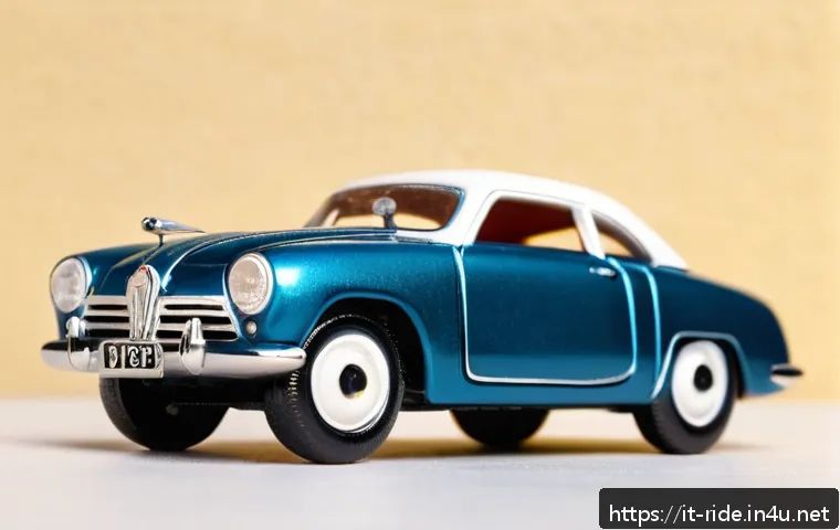 승용완구 클래식 스타일 - A close-up, highly detailed image of a vintage die-cast toy car made of metal with hand-painted fini...