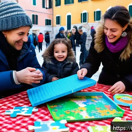 Home 33 승용완구 후원 캠페인 - A warm and joyful scene at a community toy donation event in an Italian town square during winter, w...