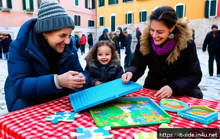 승용완구 후원 캠페인 - A warm and joyful scene at a community toy donation event in an Italian town square during winter, w...