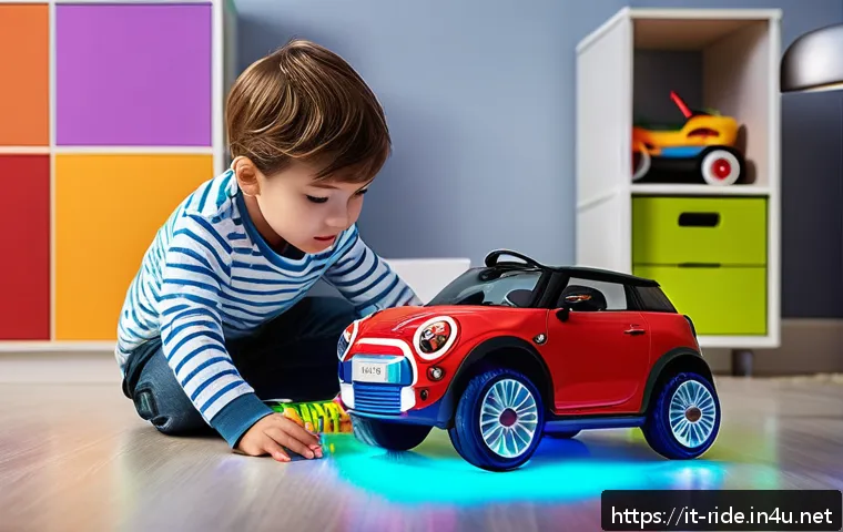 승용완구 인기 순위 - A vibrant and detailed scene of a child playing indoors with an advanced remote-controlled toy car e...