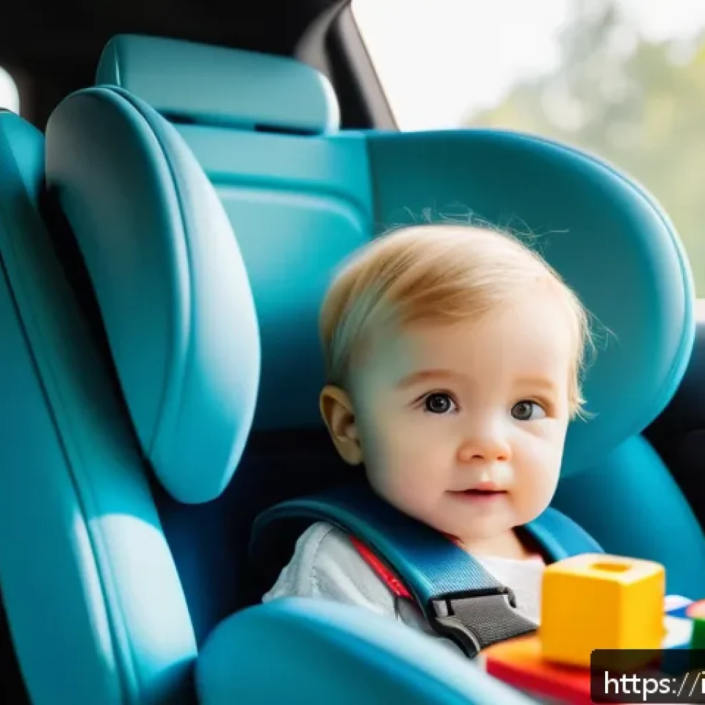 승용완구 전문가 리뷰 - A cozy family car interior with a toddler wearing a colorful diaper playing attentively with soft, m...