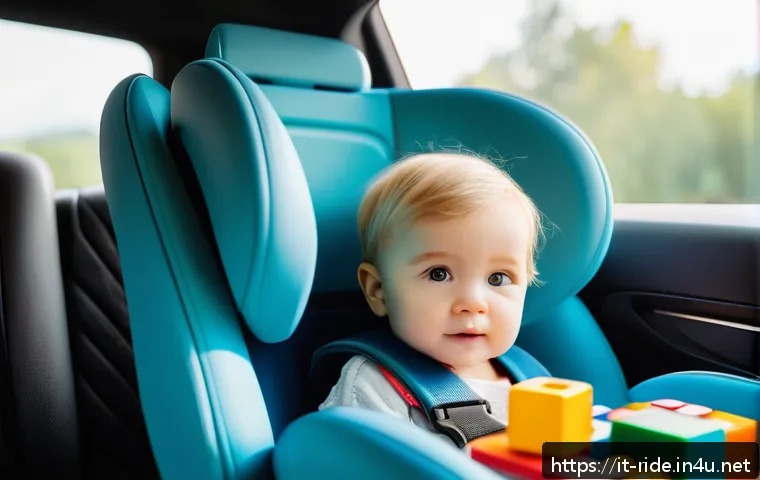 승용완구 전문가 리뷰 - A cozy family car interior with a toddler wearing a colorful diaper playing attentively with soft, m...