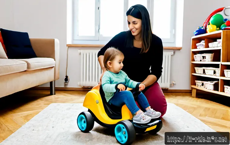 Home 17 승용완구 주요 이슈 - Photorealistic Italian family comparing two child ride-on toys in a bright Milan apartment living ro...