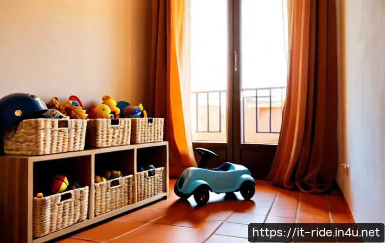 Home 17 승용완구 보관 방법 - Photorealistic organized storage corner in a bright Italian family apartment, a small child’s ride-o...