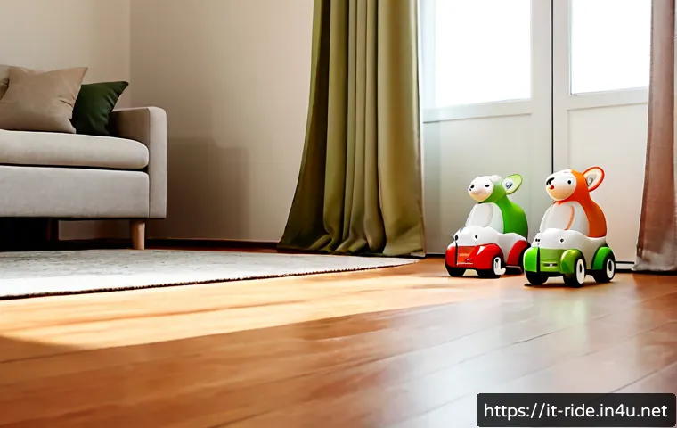 Home 17 승용완구 색상 트렌드 - Photorealistic editorial scene of three premium toddler ride-on toys arranged in a bright Italian fa...